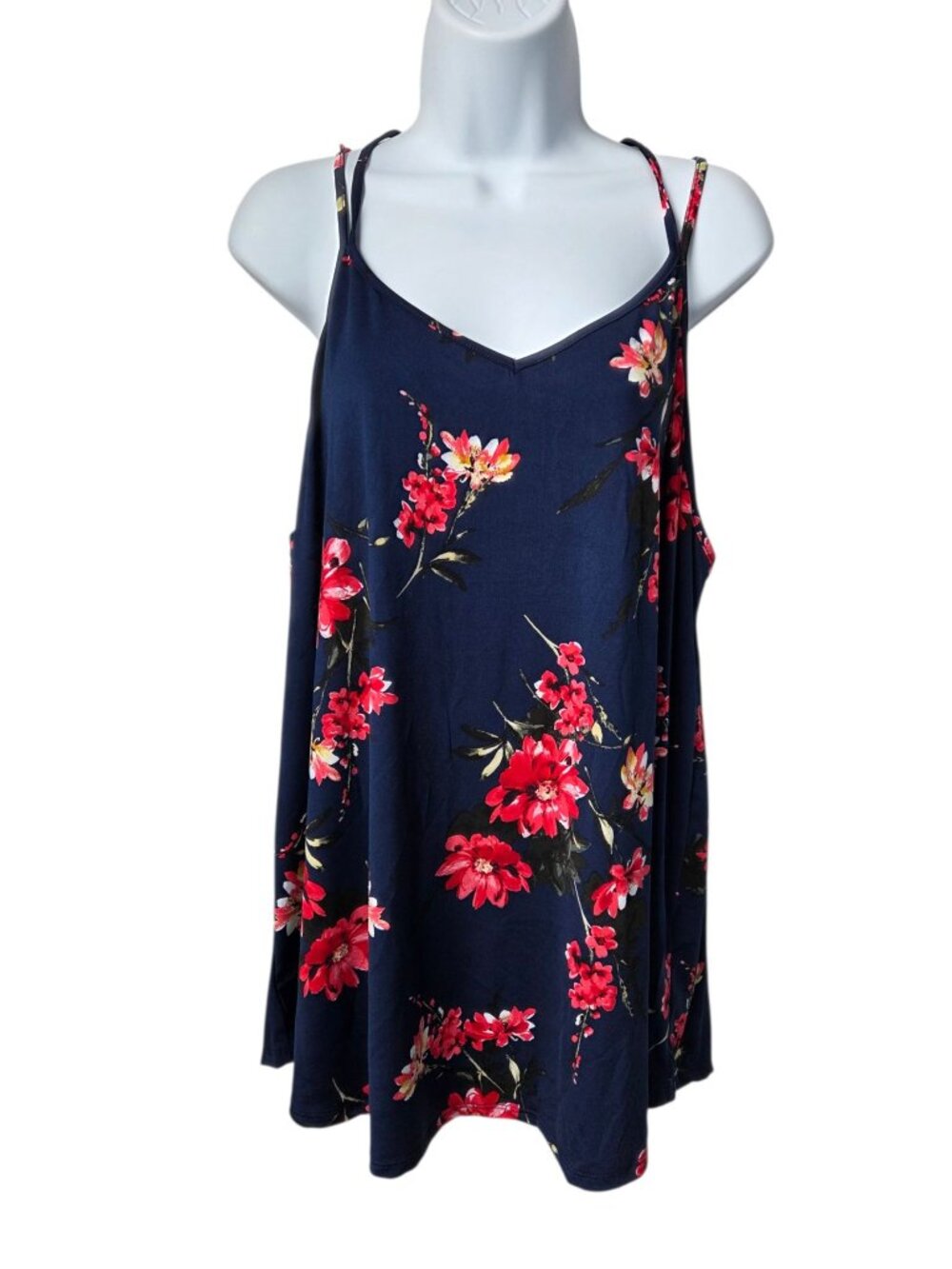 Papermoon Womens Navy Floral Strappy Tank Top 2X Polyester Spandex Sleeveless